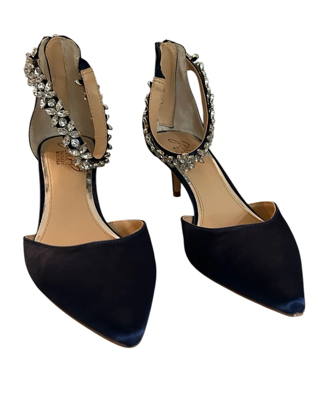 Jewel Badgley Mischka Navy Satin Crystal Embellished Kitten Heels Size 8
